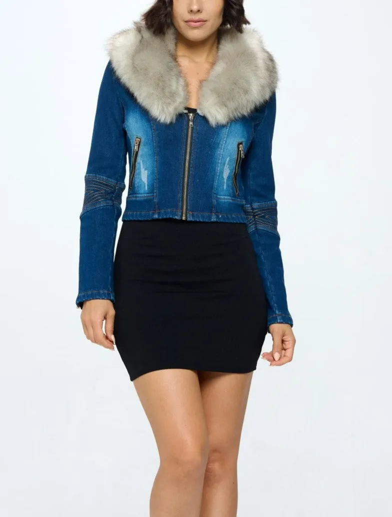 Denim Jacket with Faux Fur Collar (SIZE UP ONE)