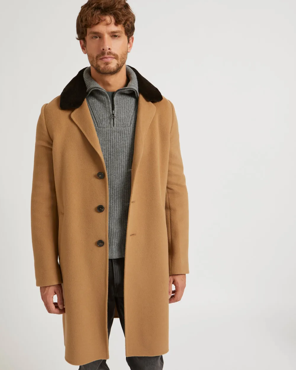 Double-Sided Wool-Cashmere Fabric Coat With Mink Collar