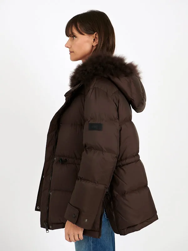 Down Coat with Trim in Mocha