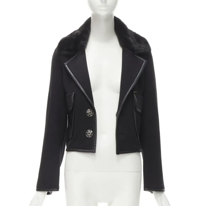 DSQUARED 2013 black mink fur collar leather trim cotton wool jacket S