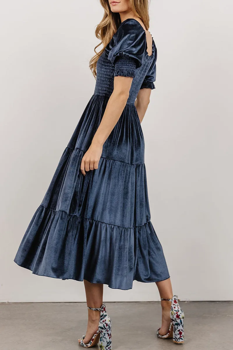 Elegant Solid Flounce Fold Square Collar Cake Skirt Dresses