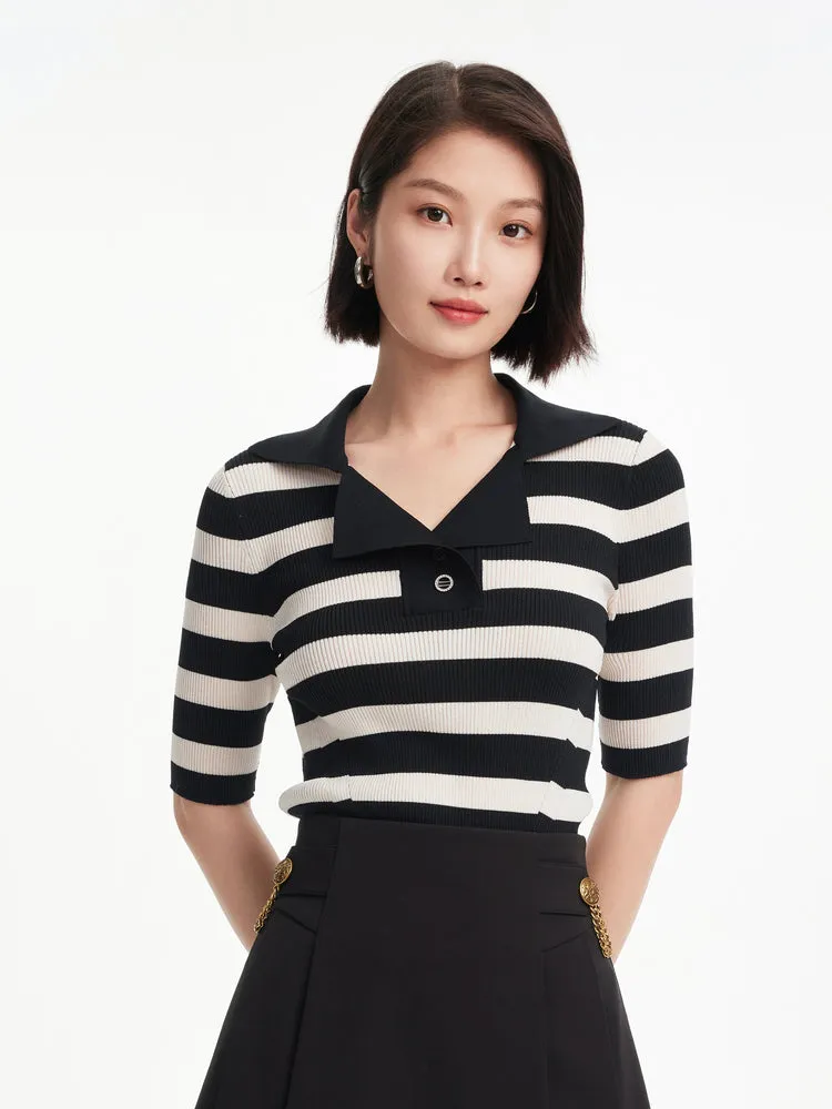 EP YAYING Slim-cut Striped Knit Top