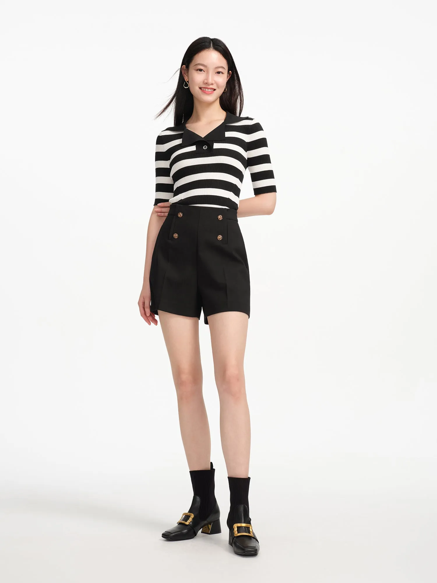 EP YAYING Slim-cut Striped Knit Top