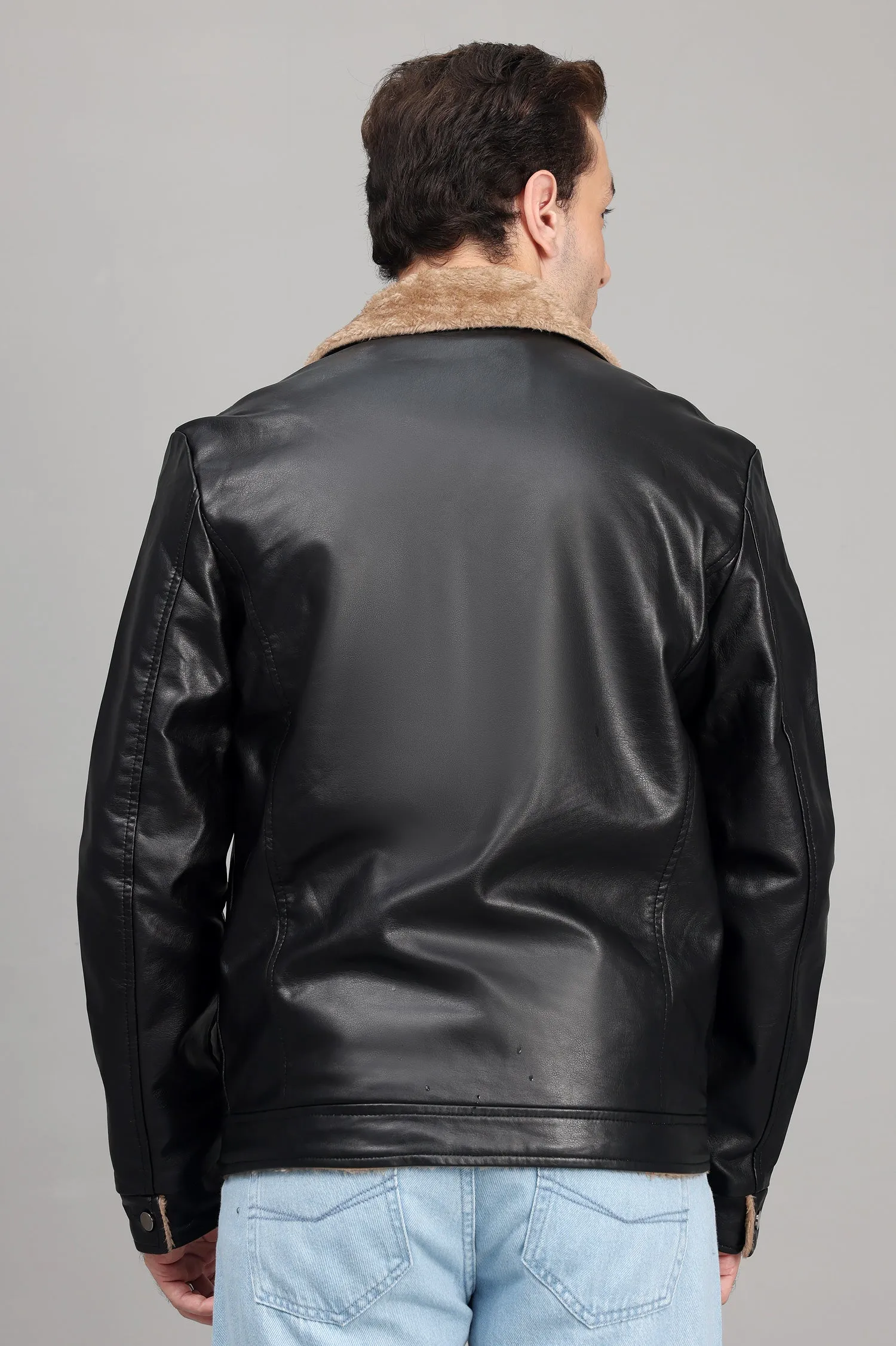 FAUX FUR COLLAR LEATHER JACKET-BLACK