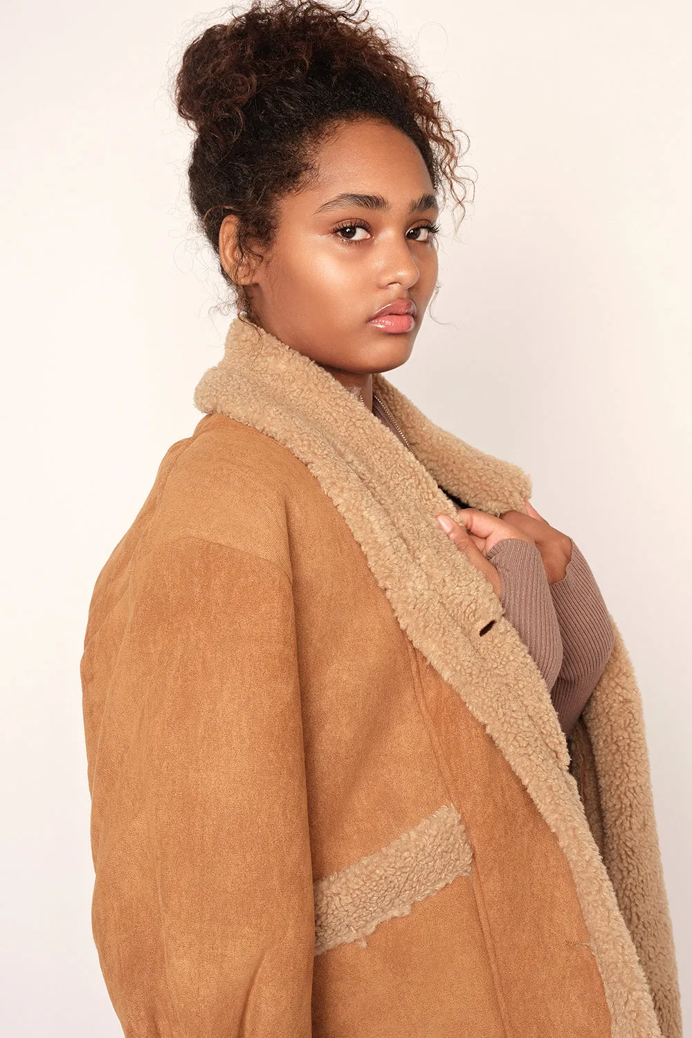 Faux Lambswool Fur Lined Shearling Jacket,Tan