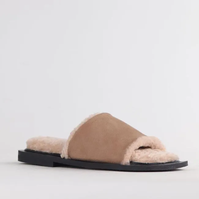 Flat Mule Sandal with Genuine Sheepskin lining in Stone - 12710