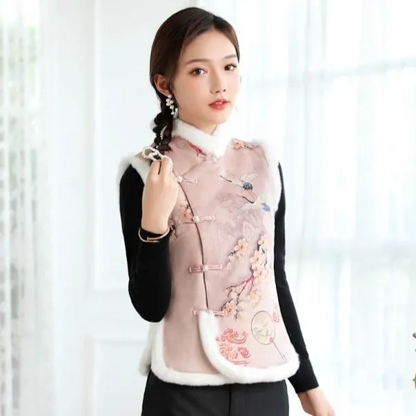 Floral Suede Fur Edge Cheongsam Top Chinese Wadded Waistcoat Vest