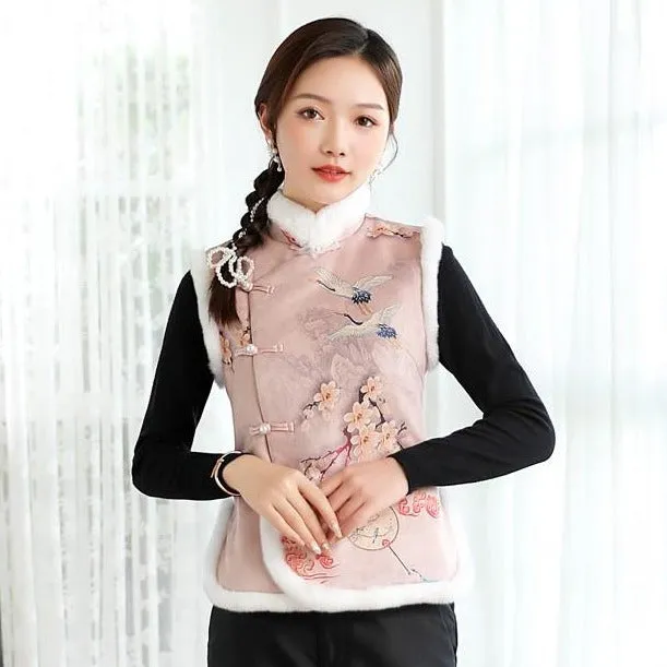 Floral Suede Fur Edge Cheongsam Top Chinese Wadded Waistcoat Vest