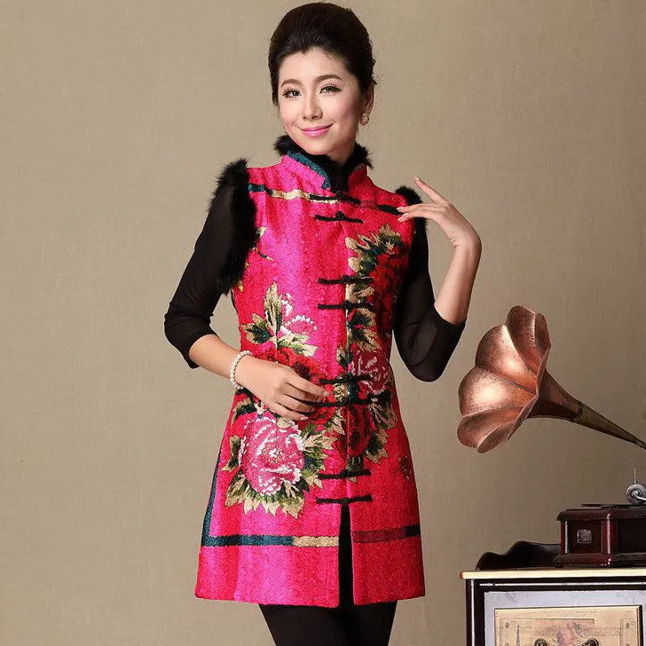 Fur Collar & Cuff Silk & Linen Chinese Style Floral Women's Waistcoat