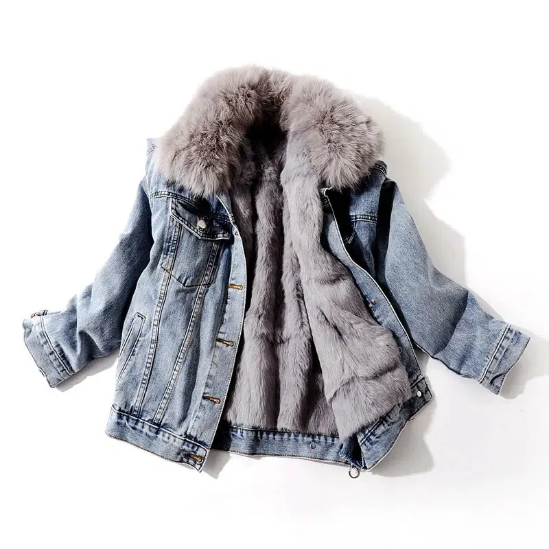 Fur Collar Removable Fur Liner Denim Jacket