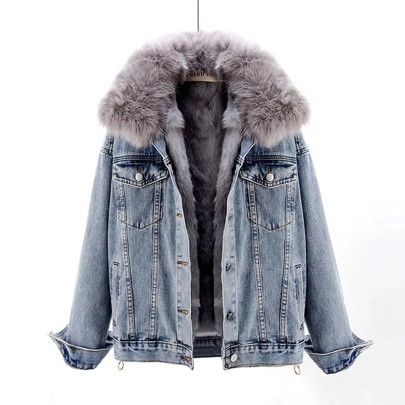 Fur Collar Removable Fur Liner Denim Jacket