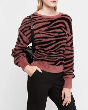 Fuzzy Animal Print Balloon Sleeve Sweater in Pink Print