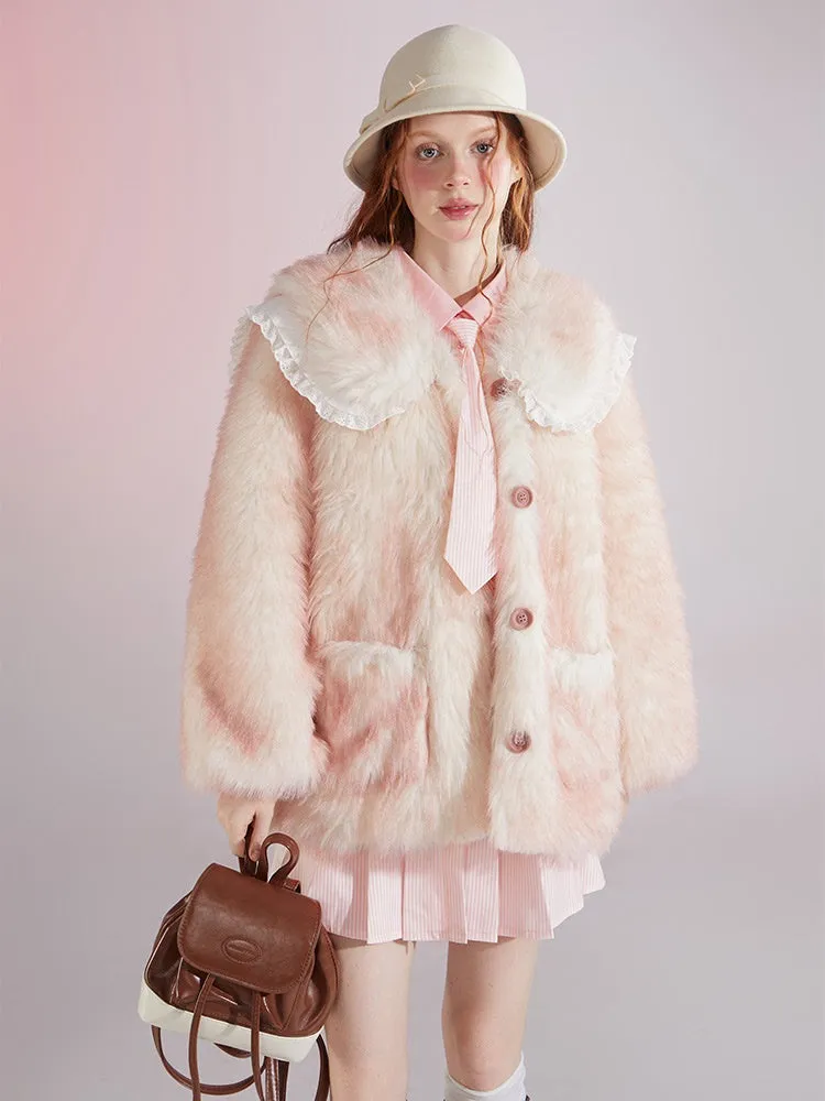 Gradient Double Collar Fur Coat