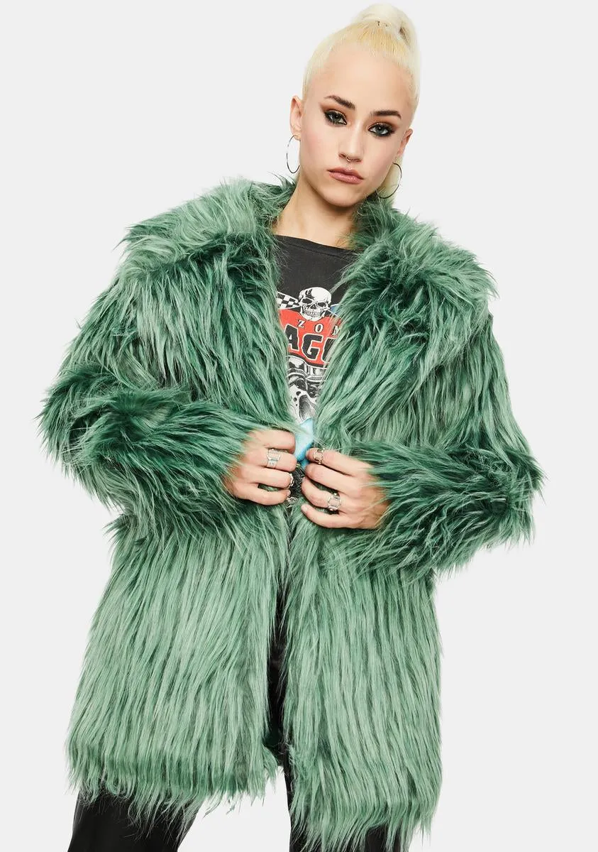 Green Shaggy Faux Fur Coat