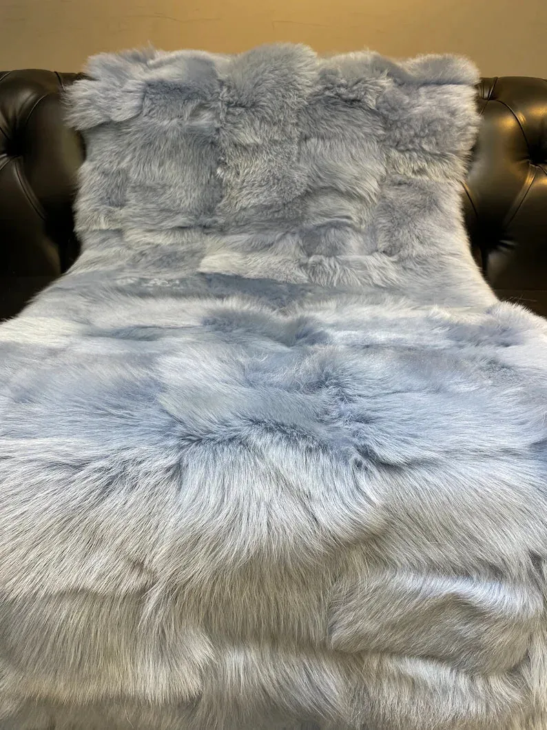 High Quality Natural Sheepskin Light Blue Throw Blanket, Cozy Handmade Blanket