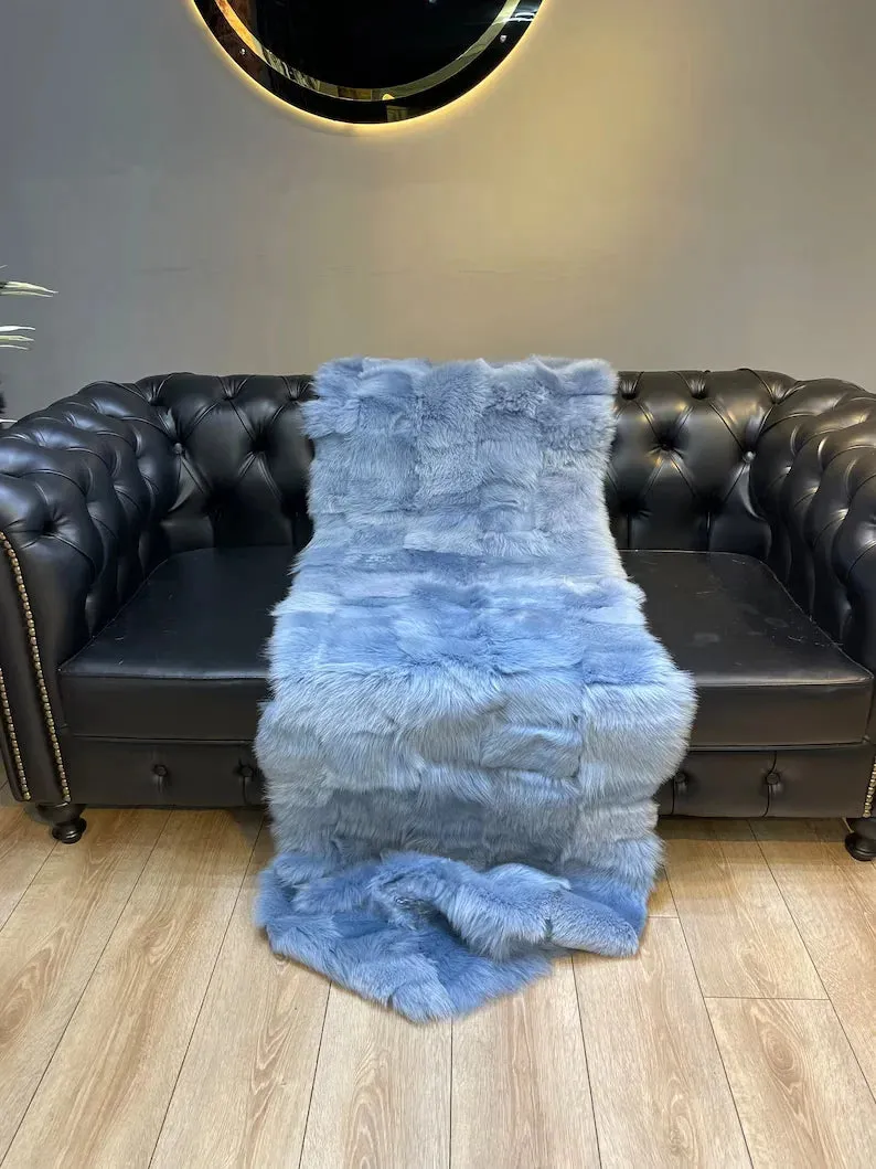 High Quality Natural Sheepskin Light Blue Throw Blanket, Cozy Handmade Blanket