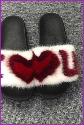 I Love You Mink Fur Slides F017