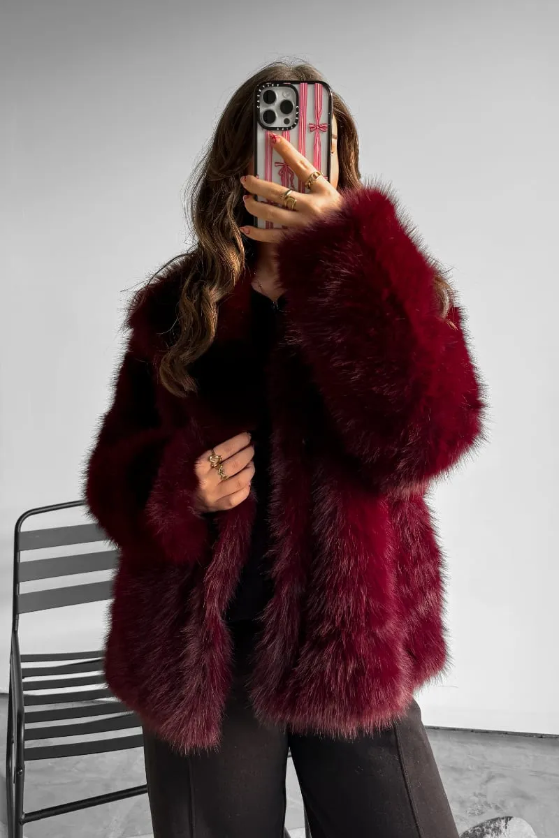 KIARNA Faux Fur Jacket - Burgundy Red