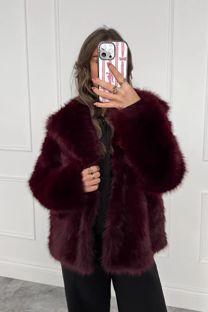 KIARNA Faux Fur Jacket - Burgundy Red