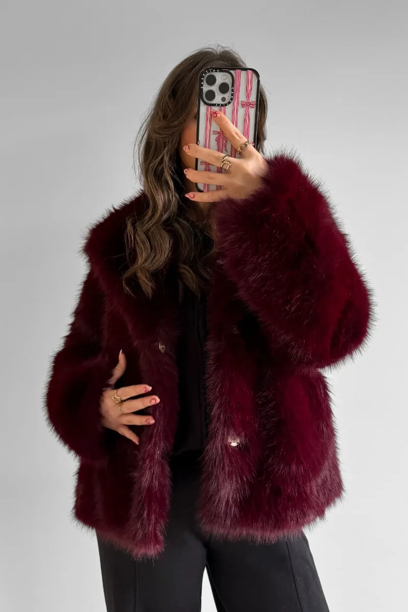 KIARNA Faux Fur Jacket - Burgundy Red