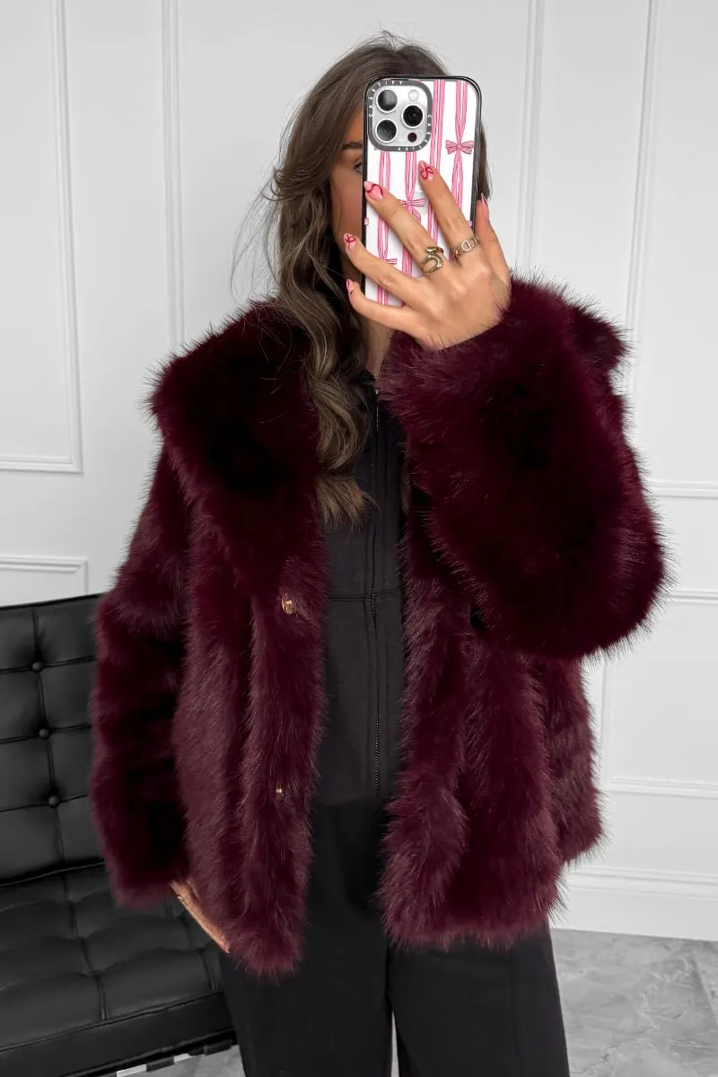 KIARNA Faux Fur Jacket - Burgundy Red