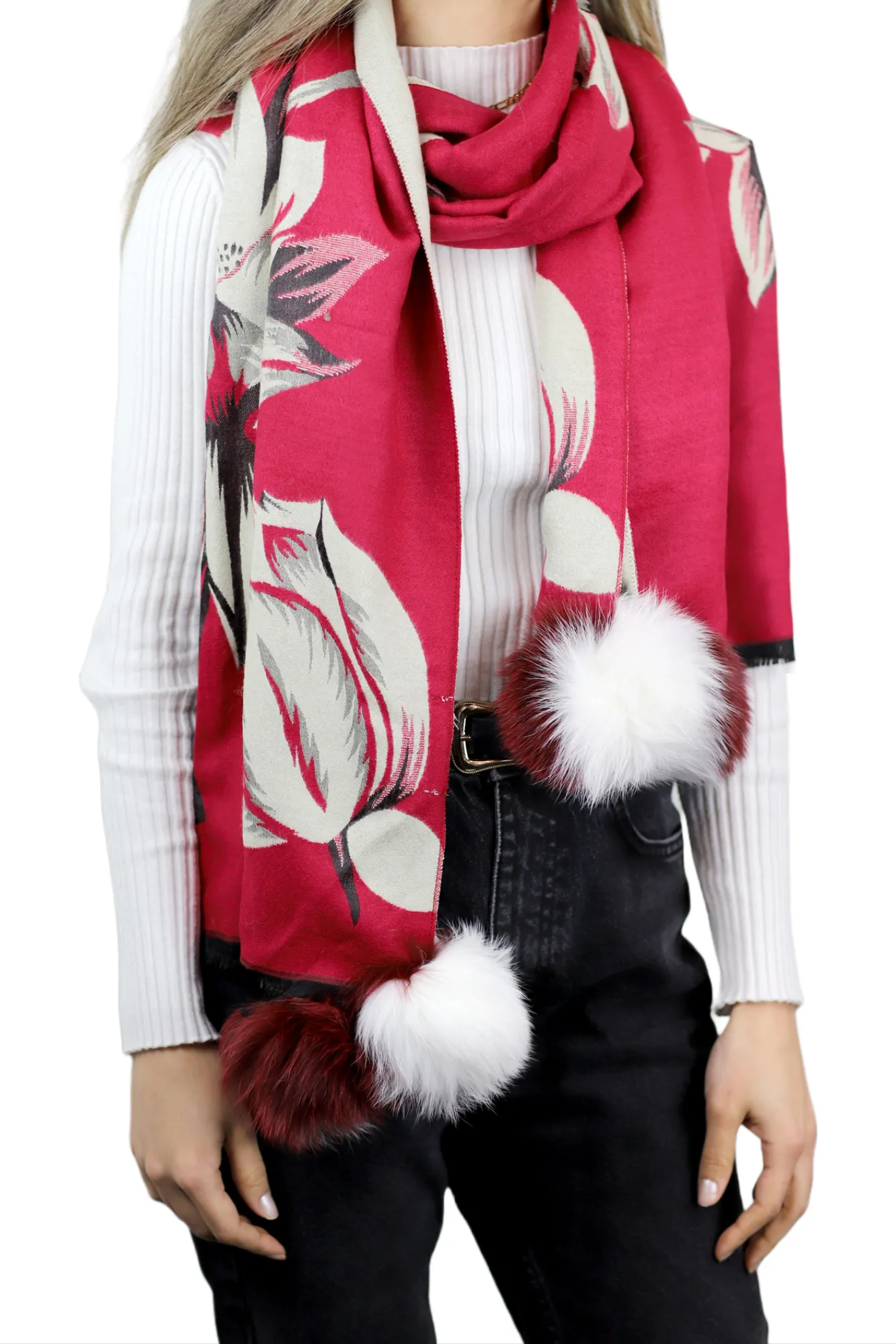 La Fiorentina Garden Print Wrap with Fur Poms - Red/Ivory