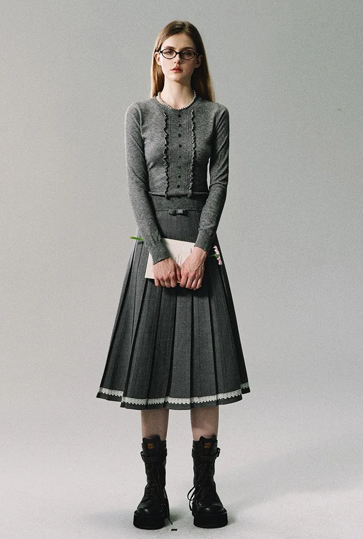 Lace Trim Pleated Midi Skirt