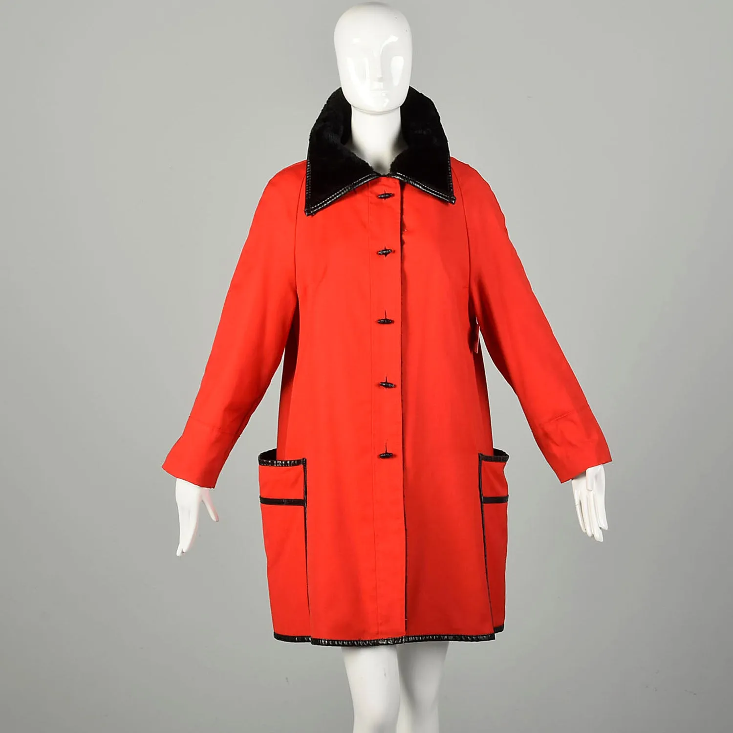 Large 1960s Coat Mod Red Canvas Faux Fur Lined Lightweight Winter Overcoat