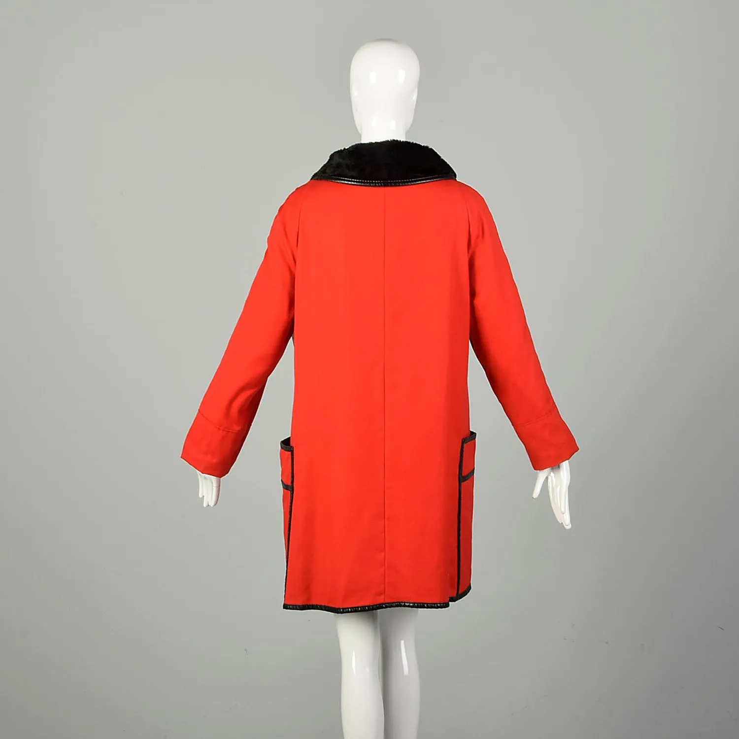 Large 1960s Coat Mod Red Canvas Faux Fur Lined Lightweight Winter Overcoat