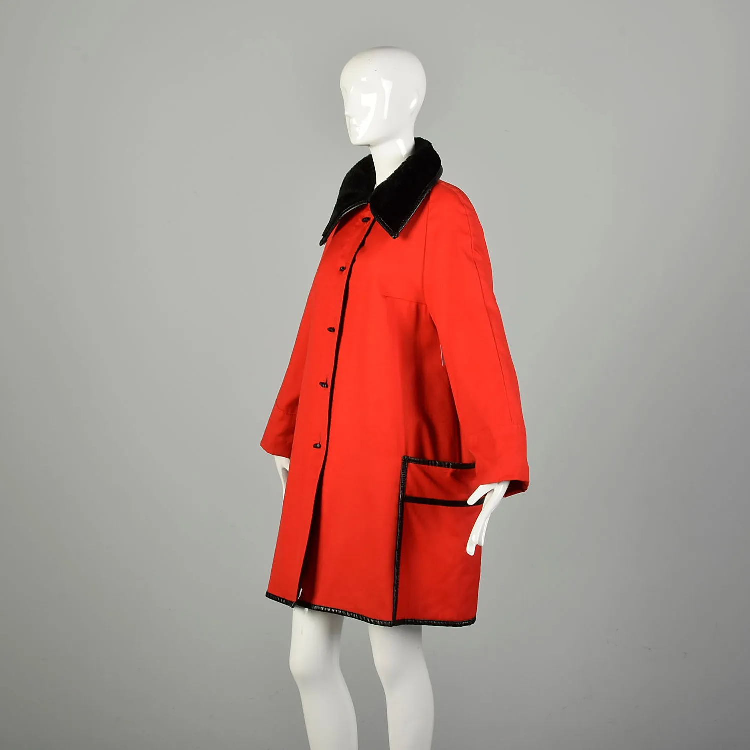 Large 1960s Coat Mod Red Canvas Faux Fur Lined Lightweight Winter Overcoat