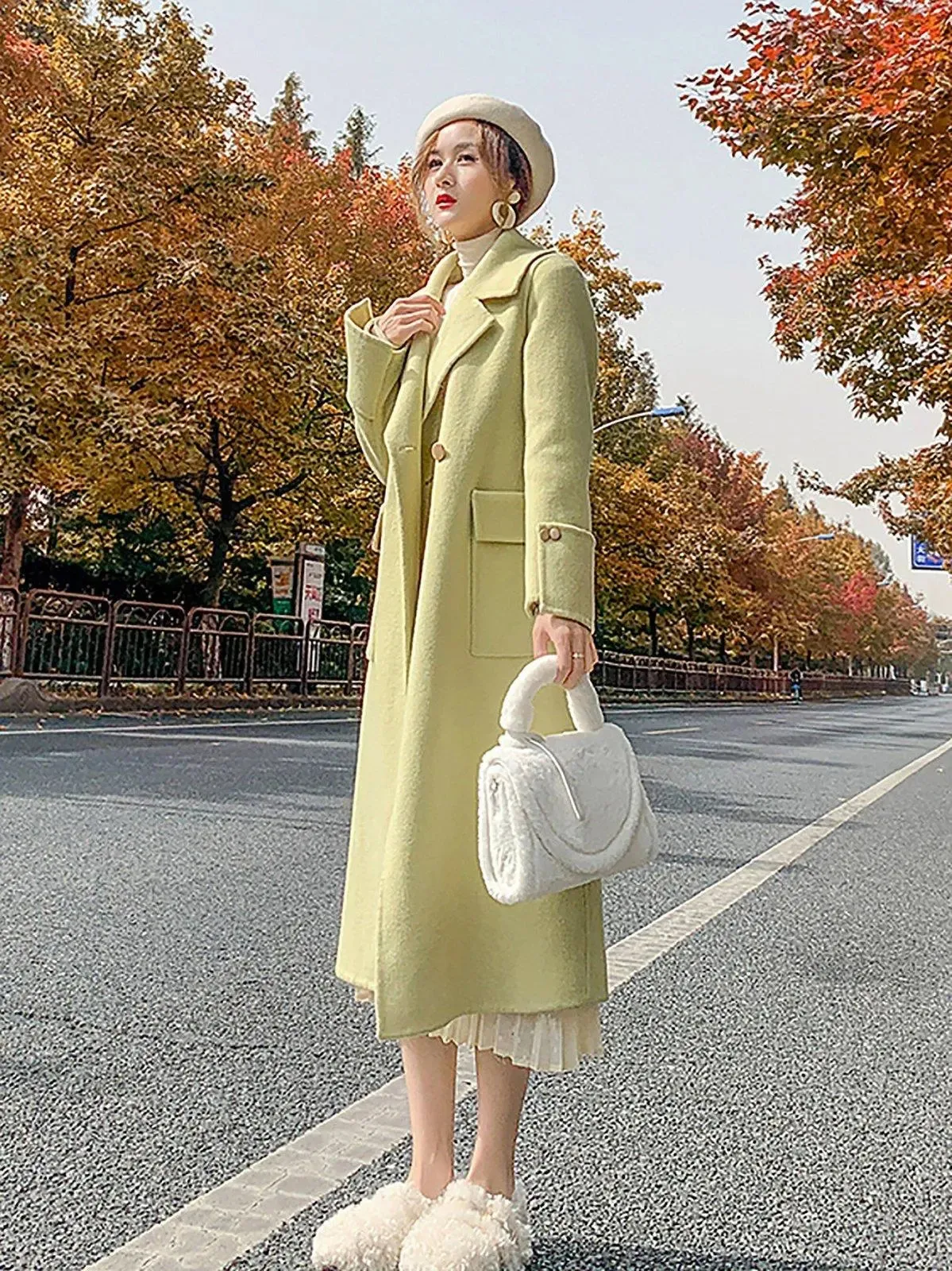 Light Green Two Button Wool Long Coat