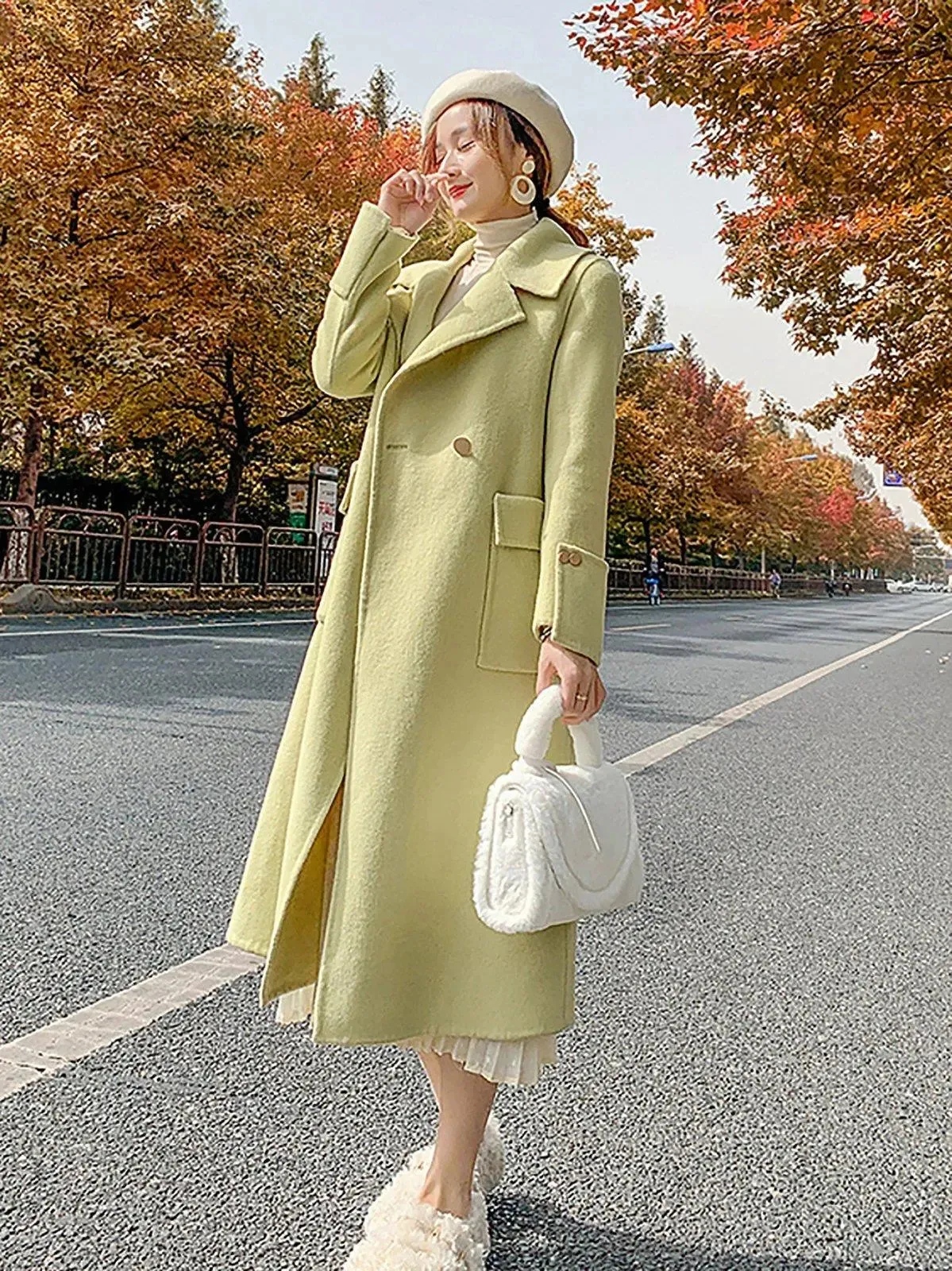 Light Green Two Button Wool Long Coat