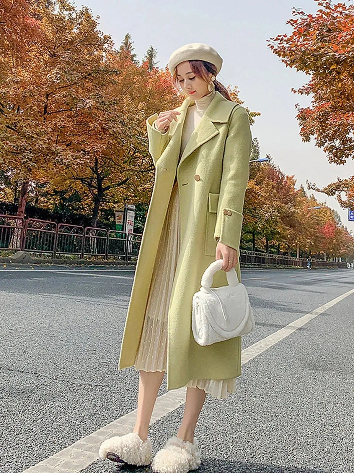 Light Green Two Button Wool Long Coat