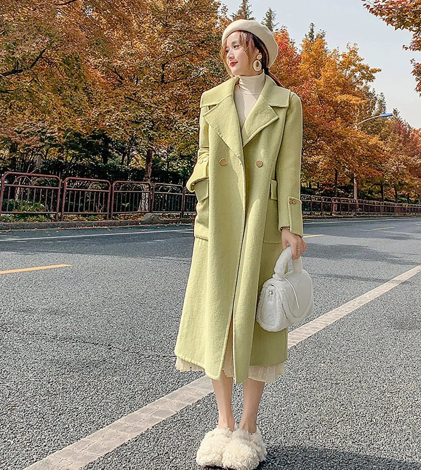 Light Green Two Button Wool Long Coat