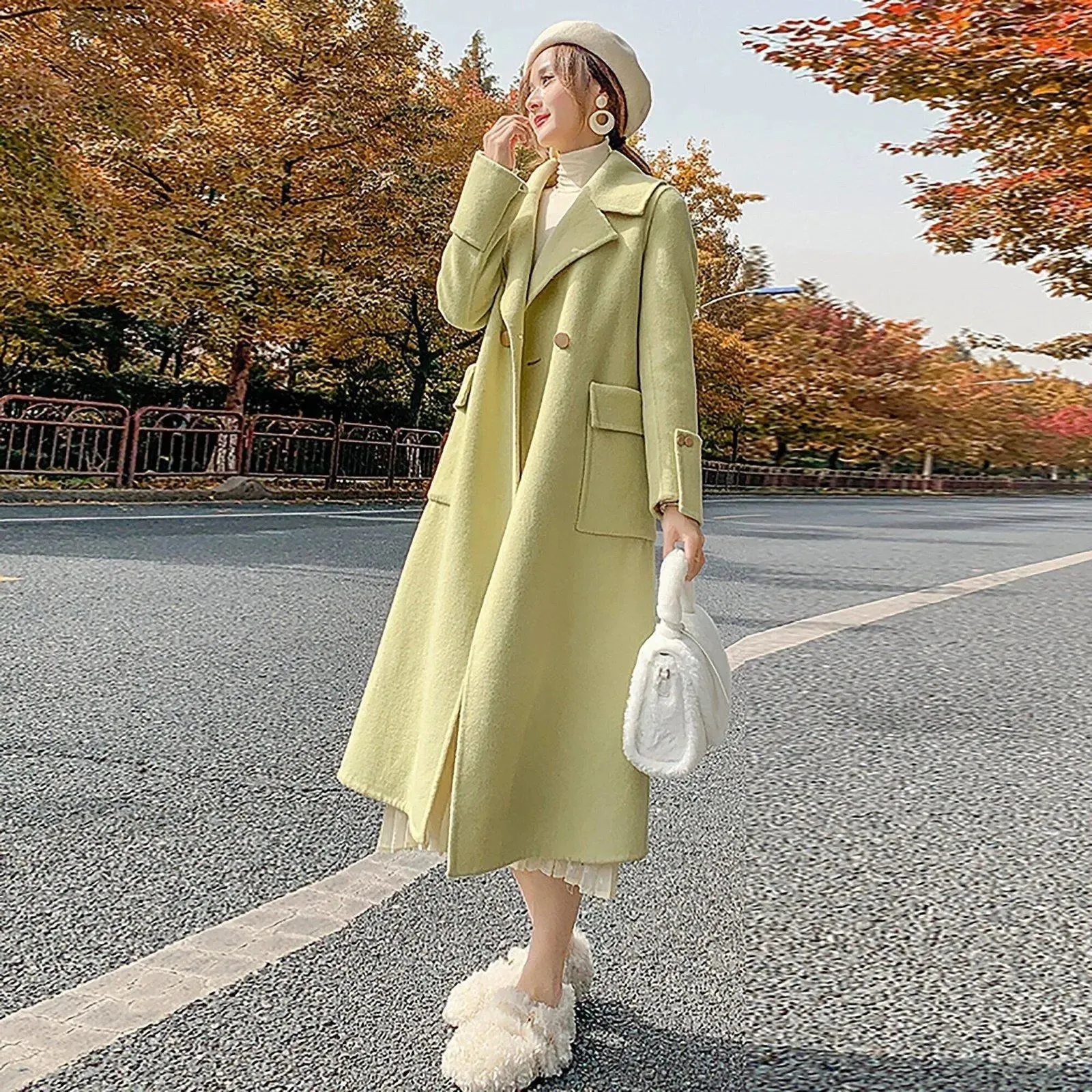 Light Green Two Button Wool Long Coat