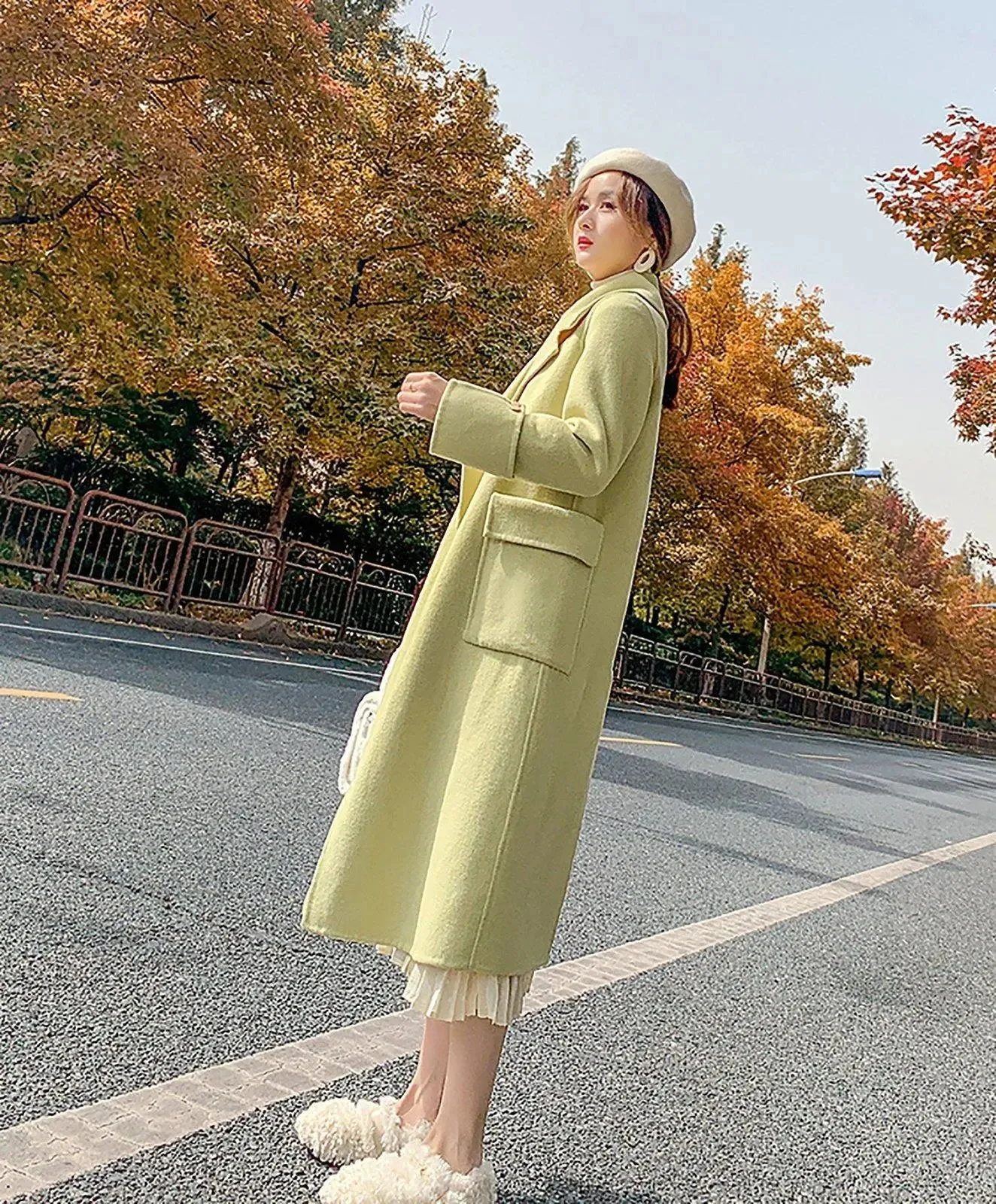 Light Green Two Button Wool Long Coat