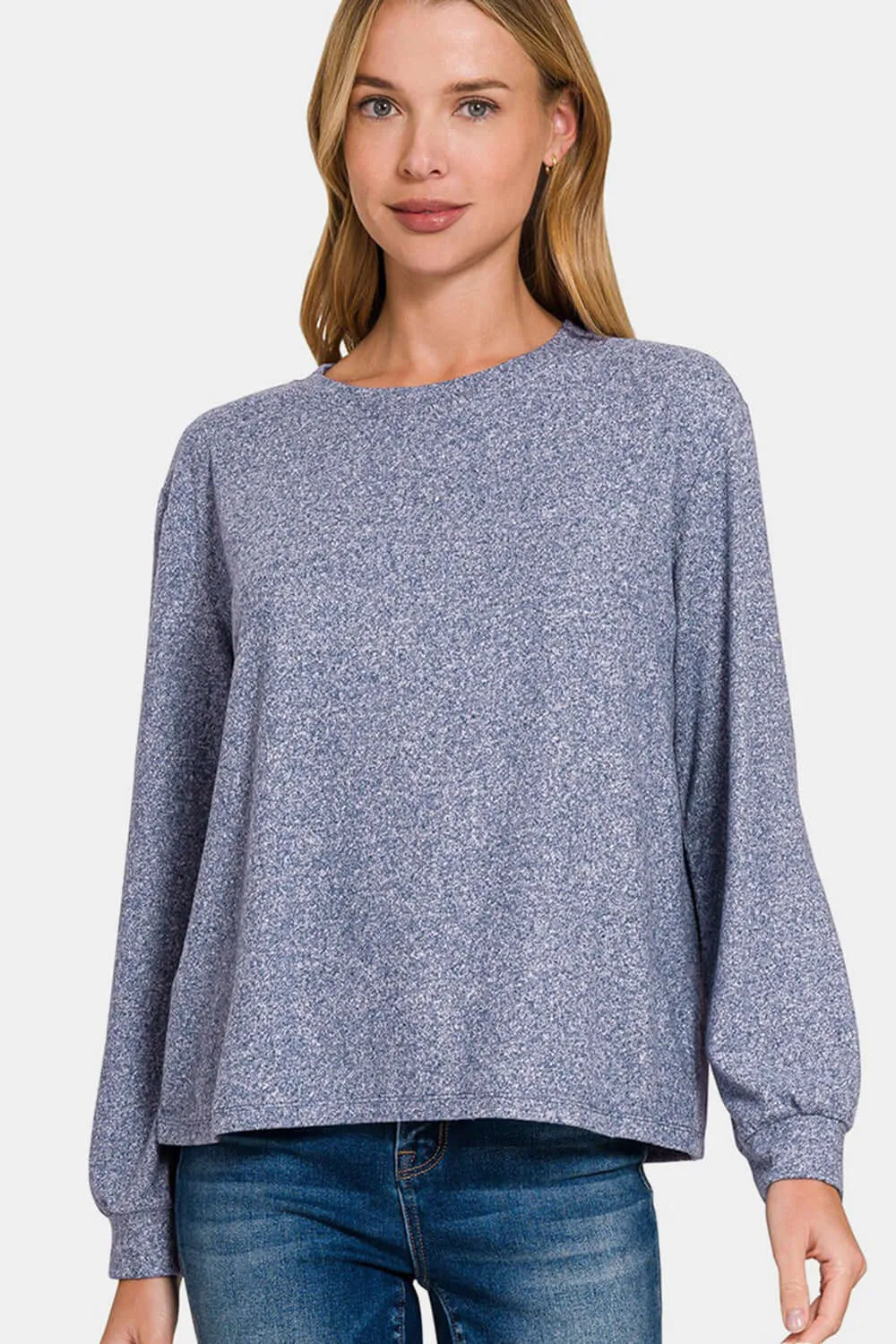 Light Navy Hacci Round Neck Long Sleeve T-Shirt