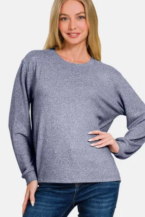 Light Navy Hacci Round Neck Long Sleeve T-Shirt