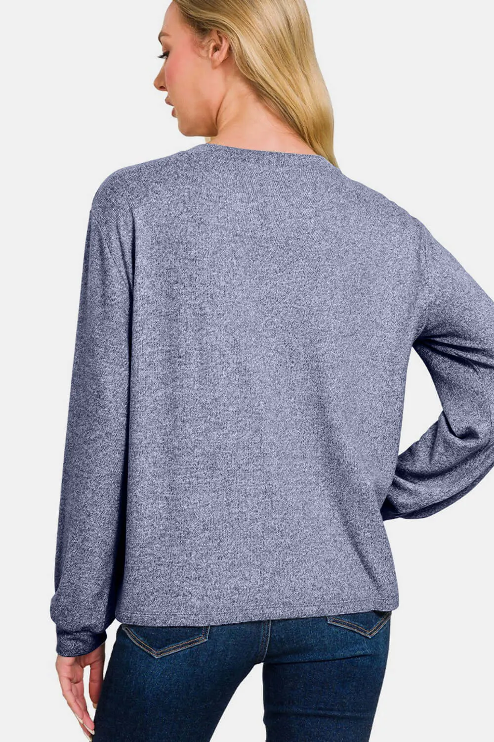 Light Navy Hacci Round Neck Long Sleeve T-Shirt