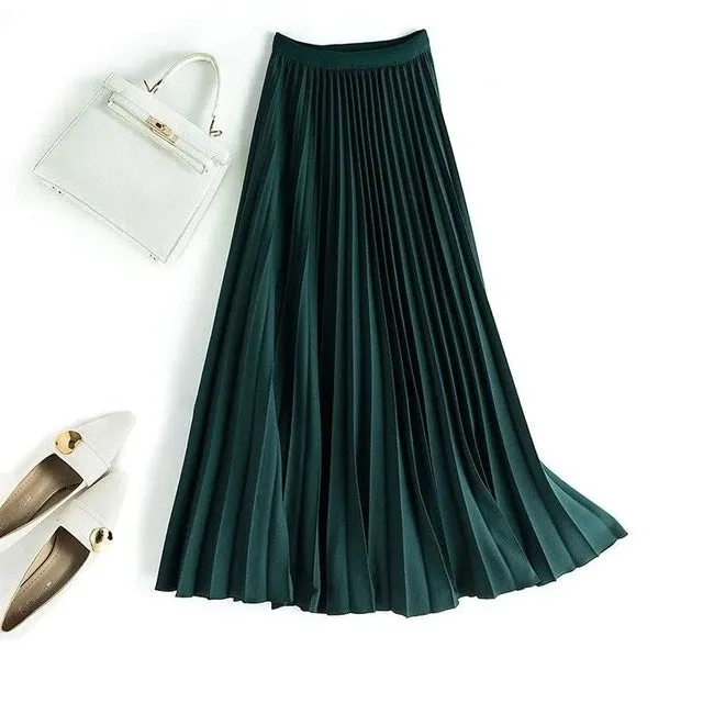 Long Pleated Skirts for Women Chic Elastic Band Elegant Office Ladies Midi Skirt