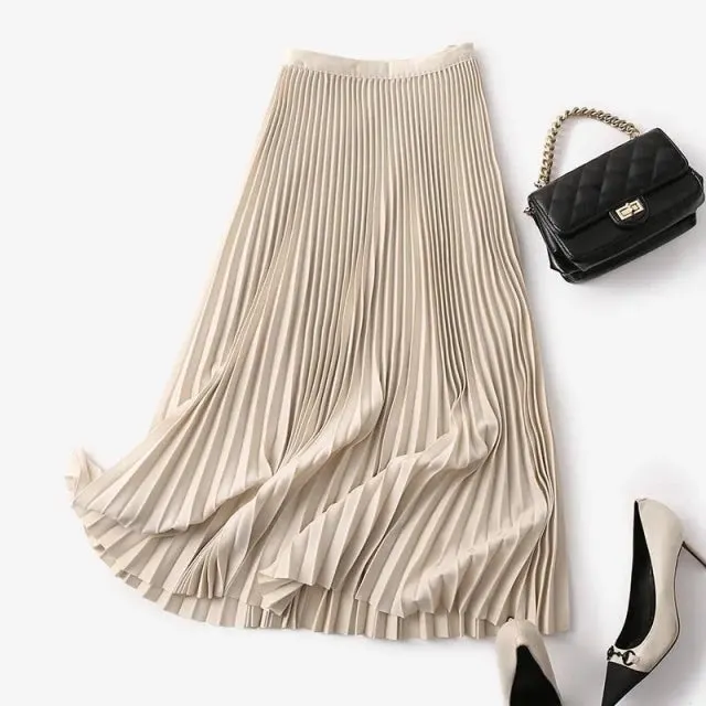 Long Pleated Skirts for Women Chic Elastic Band Elegant Office Ladies Midi Skirt