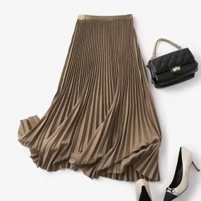 Long Pleated Skirts for Women Chic Elastic Band Elegant Office Ladies Midi Skirt