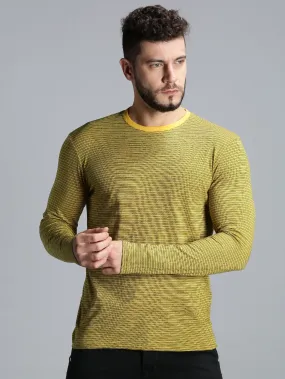 Men Yellow Black Yarn Dyed Stripes Round Neck Recycled Cotton Full Sleeve Regular Fit Casual T-Shirt