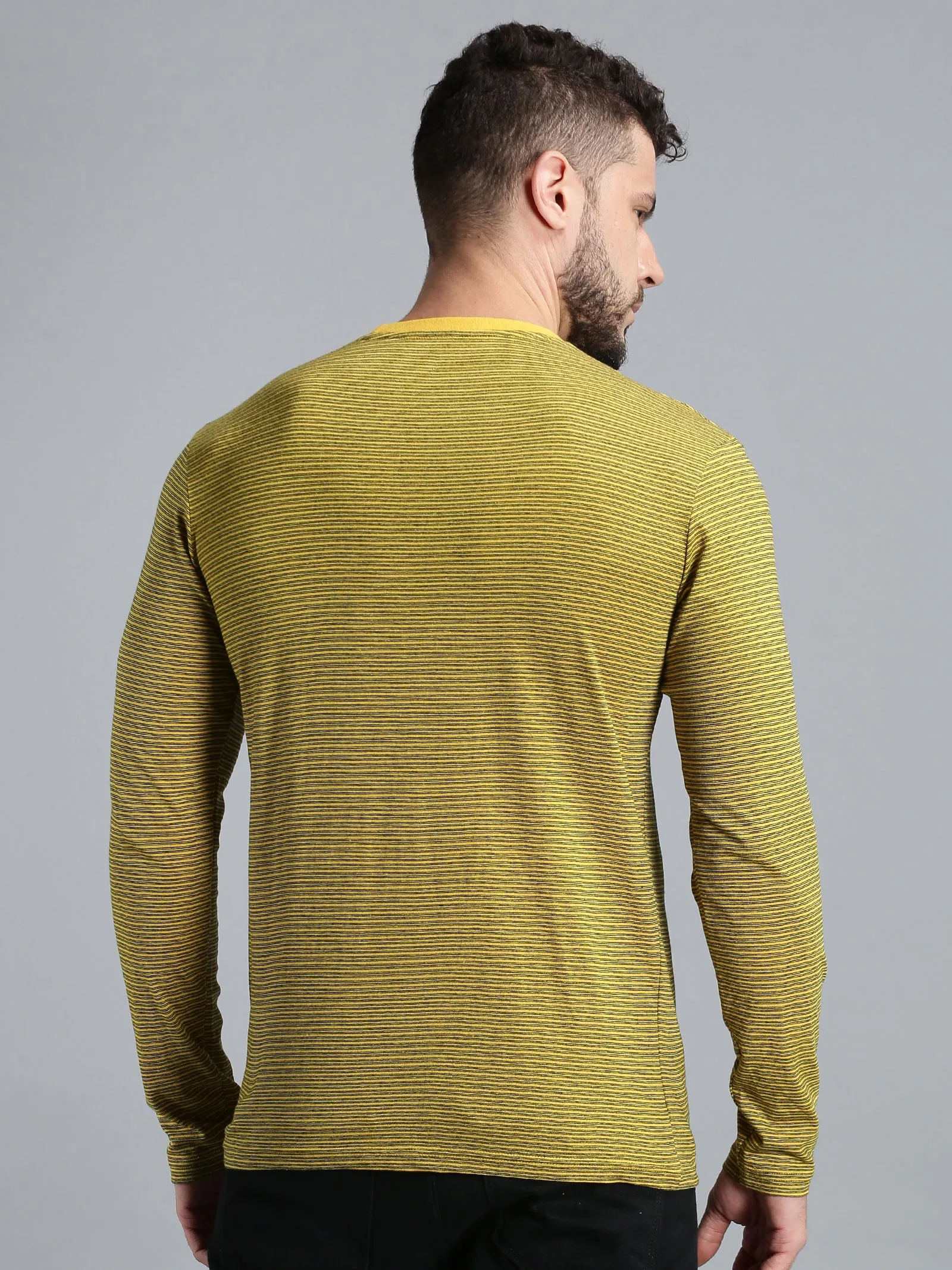 Men Yellow Black Yarn Dyed Stripes Round Neck Recycled Cotton Full Sleeve Regular Fit Casual T-Shirt