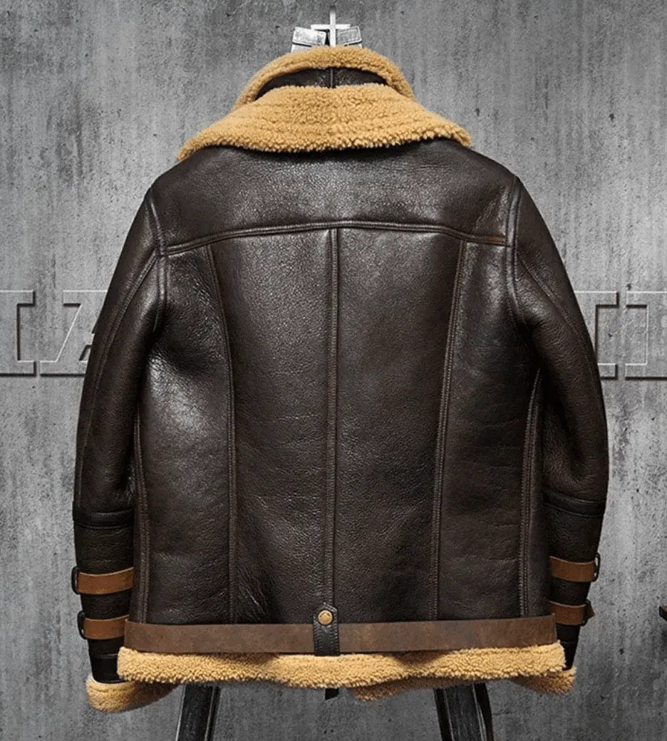 Mens Brown B3 Fur Shearling Flight Leather Jacket