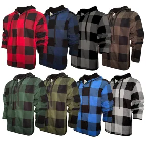 Men's Flannel Hoodie Sherpa Fleece Lined Plaid Zip Up Lightweight Jacket Casual