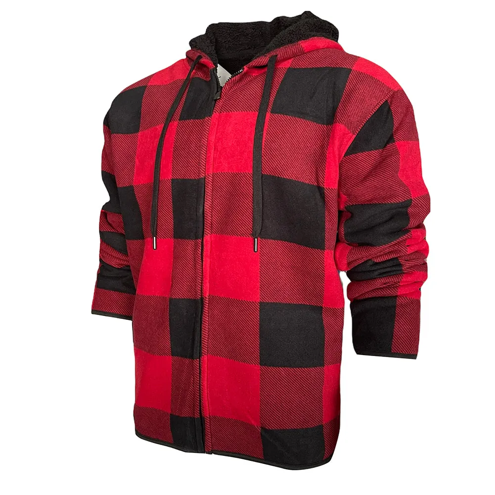 Men's Flannel Hoodie Sherpa Fleece Lined Plaid Zip Up Lightweight Jacket Casual