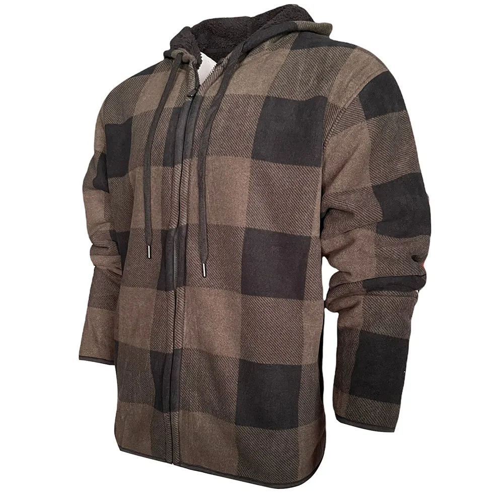 Men's Flannel Hoodie Sherpa Fleece Lined Plaid Zip Up Lightweight Jacket Casual