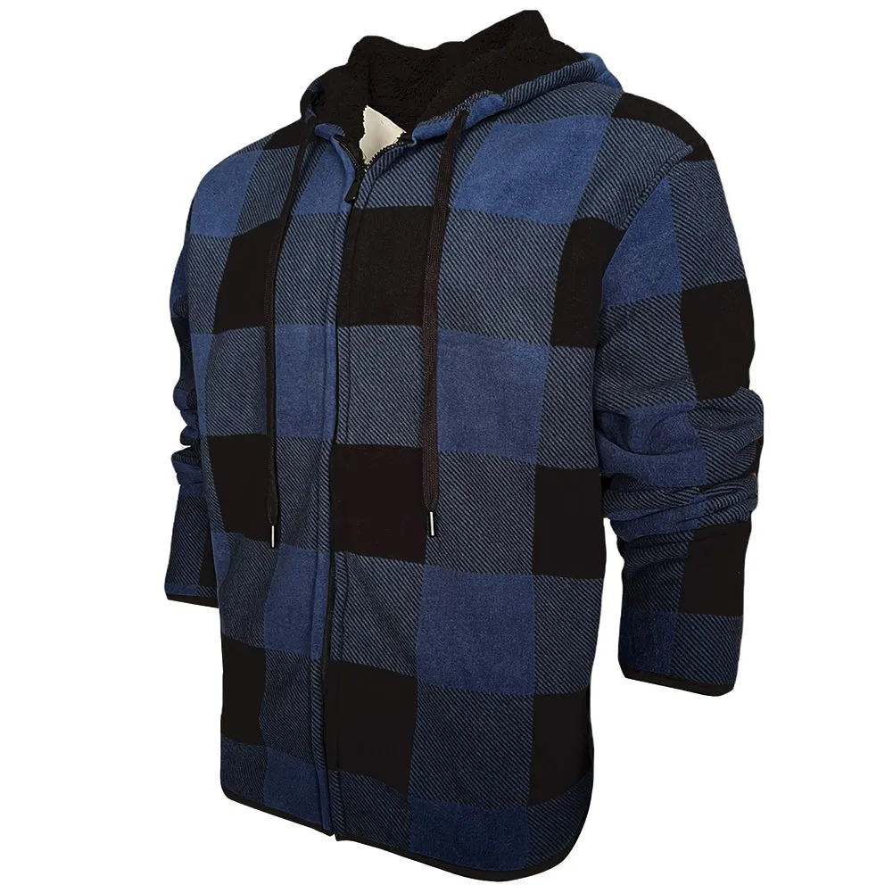 Men's Flannel Hoodie Sherpa Fleece Lined Plaid Zip Up Lightweight Jacket Casual