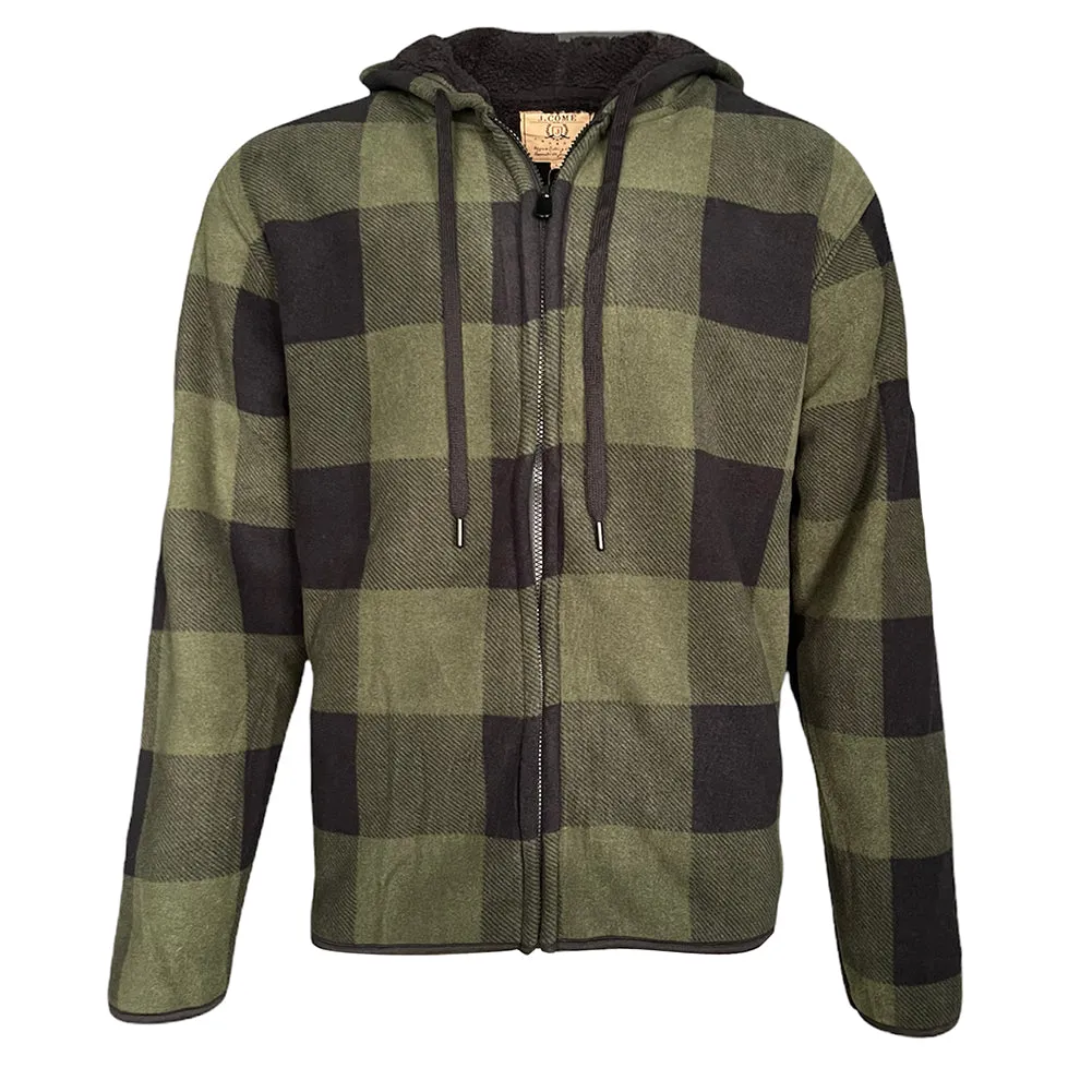 Men's Flannel Hoodie Sherpa Fleece Lined Plaid Zip Up Lightweight Jacket Casual